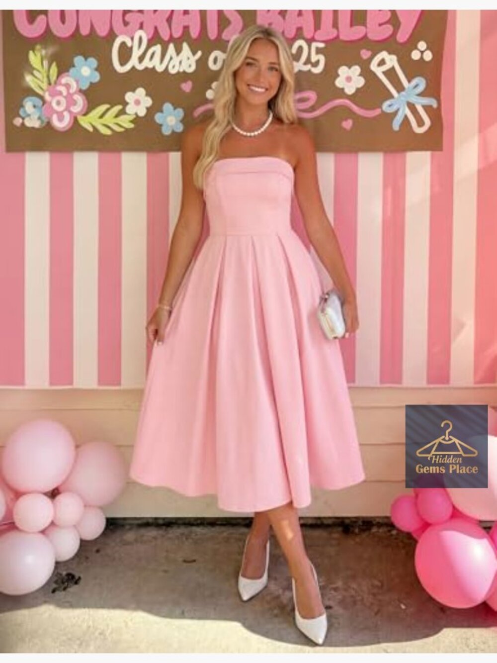 Strapless Cocktail Midi Dress Flowy A-Line Wedding Guest Party Dress - Picture 2 of 7